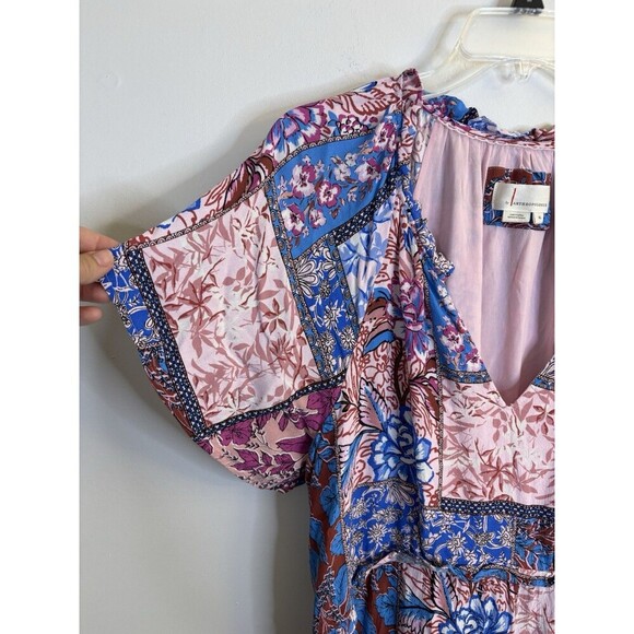 ANTHROPOLOGIE Robin Mini Dress Women XL Blue Pink Florals Tiered SS Boho Chic - Picture 6 of 12